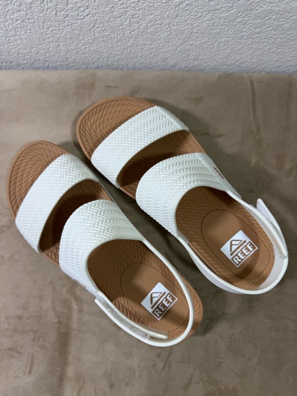 Reef White Double-Strap Slide Sandals with Tan Footbed